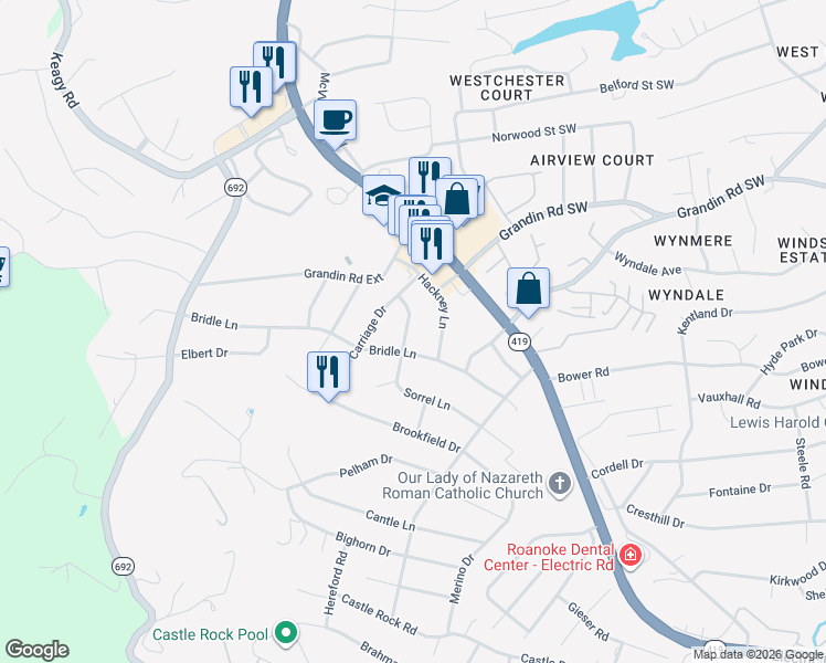 map of restaurants, bars, coffee shops, grocery stores, and more near 5138 Sorrel Lane in Cave Spring