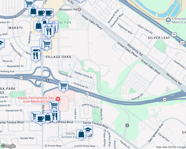 map of restaurants, bars, coffee shops, grocery stores, and more near 6063 Raleigh Road in San Jose