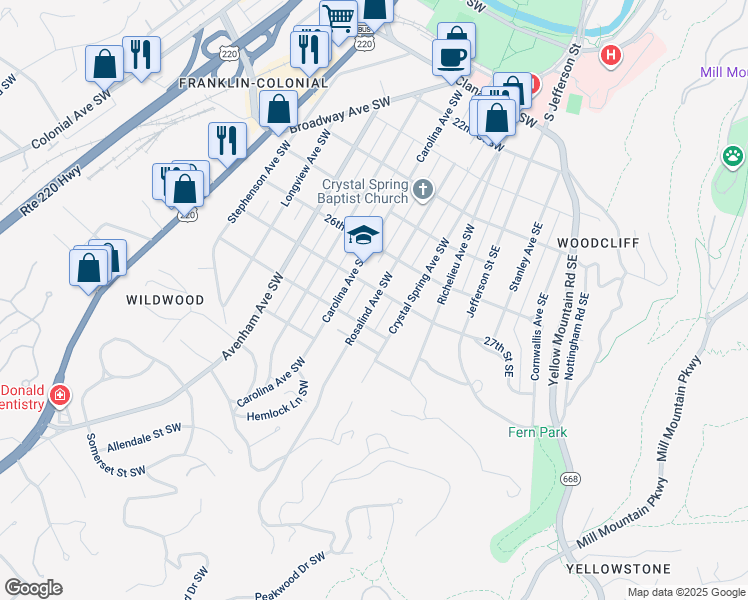 map of restaurants, bars, coffee shops, grocery stores, and more near Rosalind Avenue Southwest in Roanoke