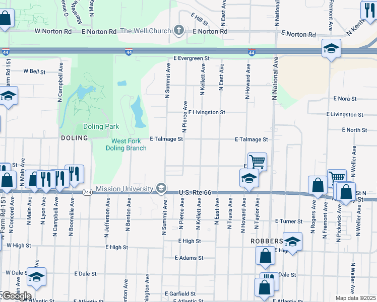 map of restaurants, bars, coffee shops, grocery stores, and more near 2532 North Pierce Avenue in Springfield