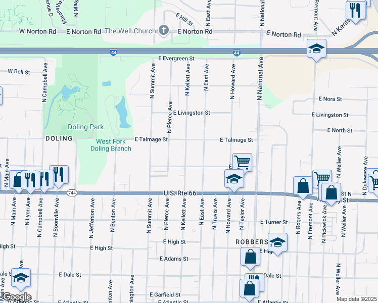 map of restaurants, bars, coffee shops, grocery stores, and more near 2532 North Kellett Avenue in Springfield