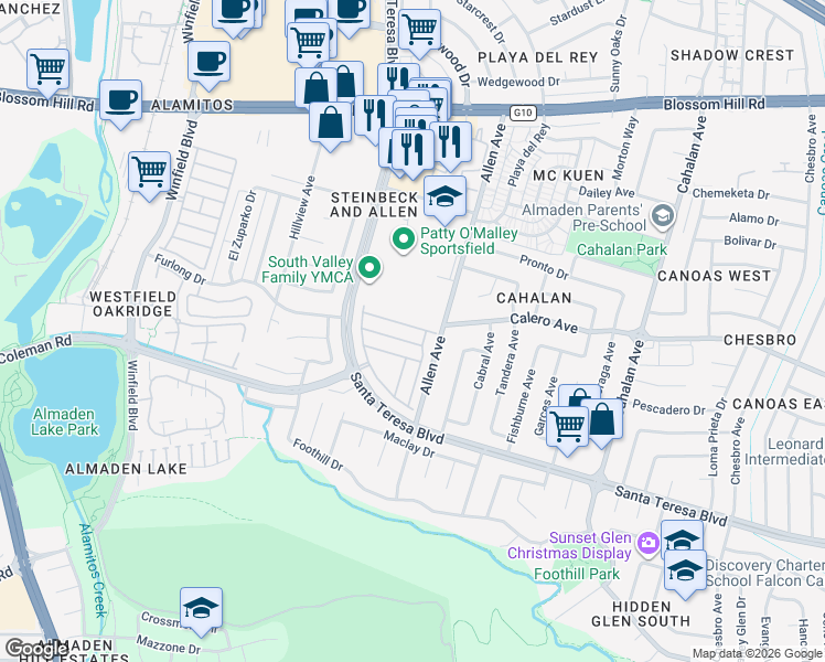map of restaurants, bars, coffee shops, grocery stores, and more near 845 Villa Teresa Way in San Jose
