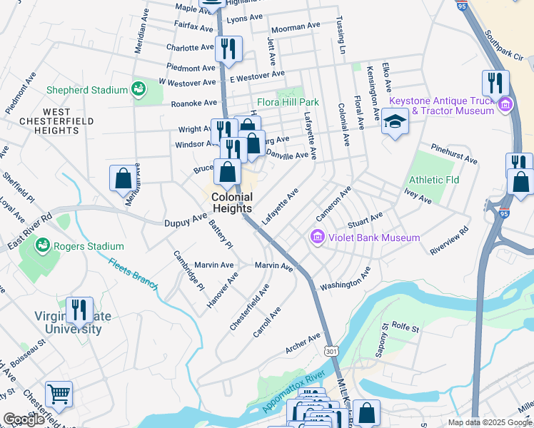 map of restaurants, bars, coffee shops, grocery stores, and more near 114 Lafayette Avenue in Colonial Heights