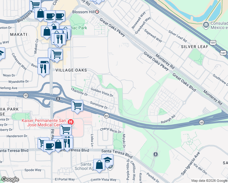 map of restaurants, bars, coffee shops, grocery stores, and more near 6063 Raleigh Road in San Jose