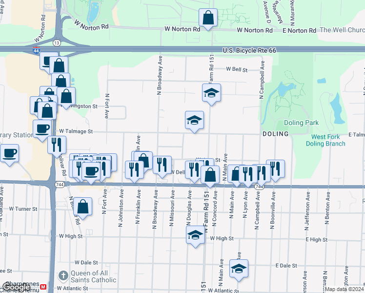 map of restaurants, bars, coffee shops, grocery stores, and more near 2532 North Missouri Avenue in Springfield