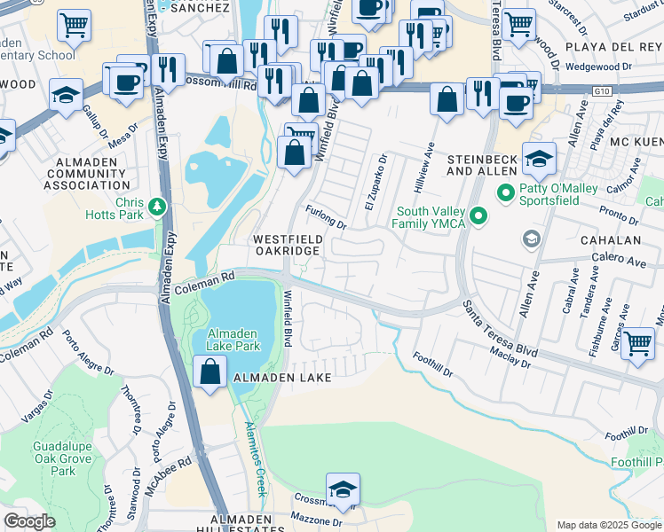 map of restaurants, bars, coffee shops, grocery stores, and more near 903 Lake Tahoe Court in San Jose