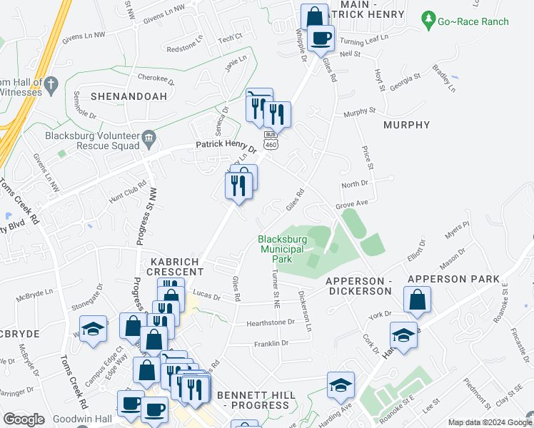 map of restaurants, bars, coffee shops, grocery stores, and more near 200 Heights Lane in Blacksburg