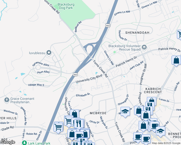 map of restaurants, bars, coffee shops, grocery stores, and more near 1303 University City Boulevard in Blacksburg