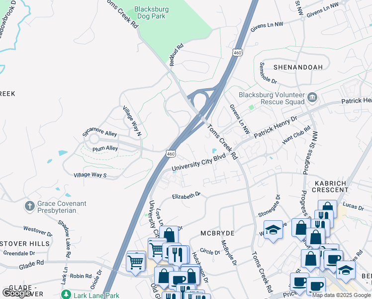 map of restaurants, bars, coffee shops, grocery stores, and more near 1309 Lynn Drive in Blacksburg