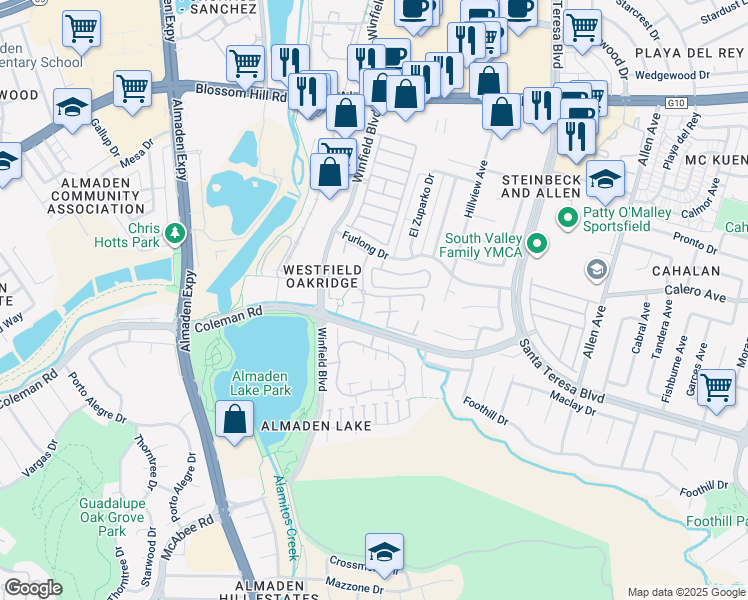 map of restaurants, bars, coffee shops, grocery stores, and more near 922 Owens Lake Drive in San Jose