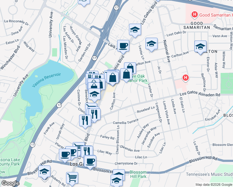 map of restaurants, bars, coffee shops, grocery stores, and more near 144 Carlton Avenue in Los Gatos