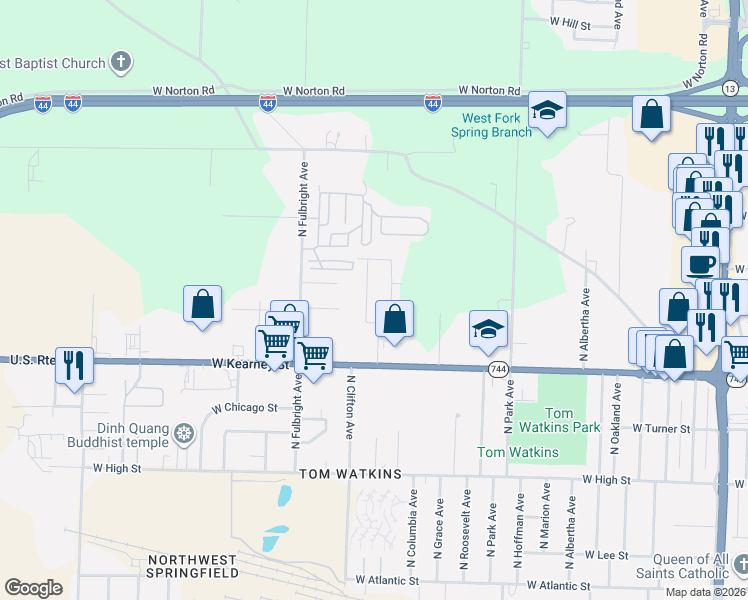 map of restaurants, bars, coffee shops, grocery stores, and more near 2529 North West Avenue in Springfield