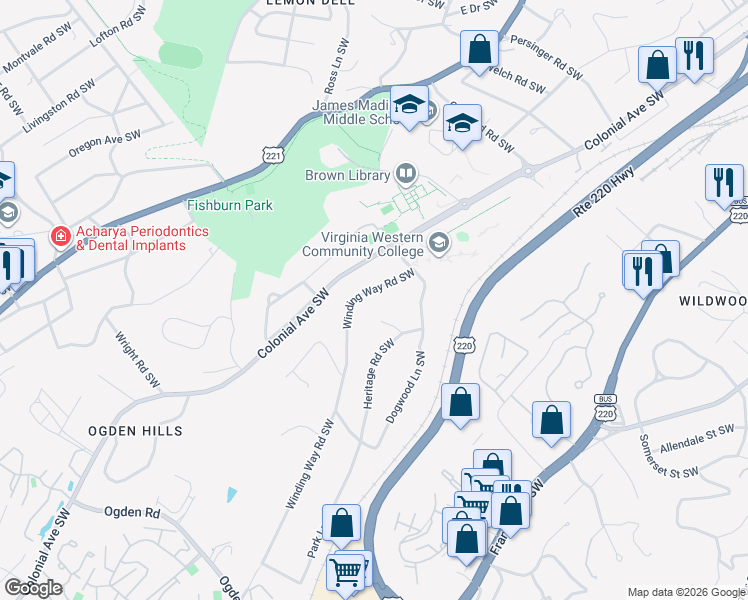 map of restaurants, bars, coffee shops, grocery stores, and more near 3542 Winding Way Road Southwest in Roanoke