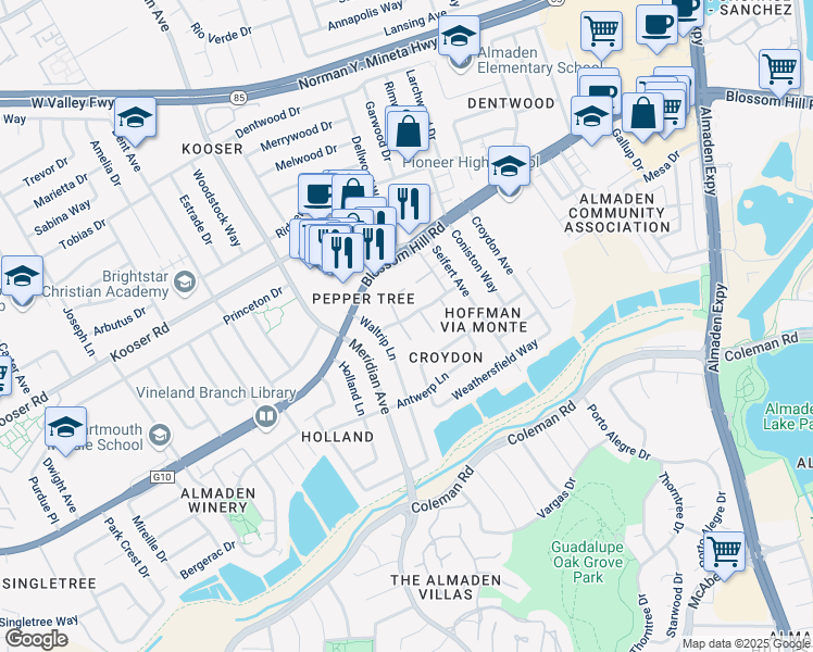 map of restaurants, bars, coffee shops, grocery stores, and more near 5676 Hollyleaf Lane in San Jose