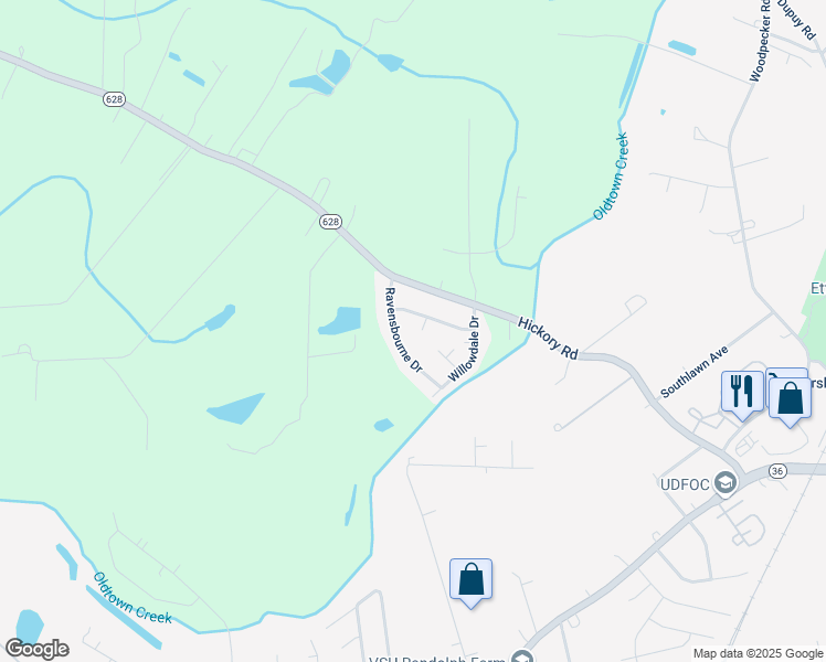 map of restaurants, bars, coffee shops, grocery stores, and more near 20502 Winterbourne Court in Petersburg