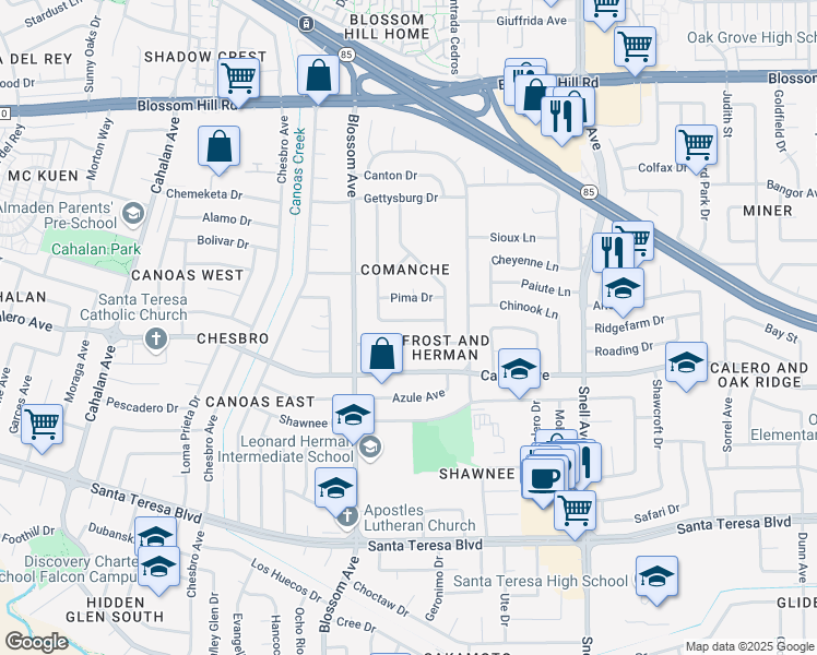 map of restaurants, bars, coffee shops, grocery stores, and more near 5831 Arapaho Drive in San Jose