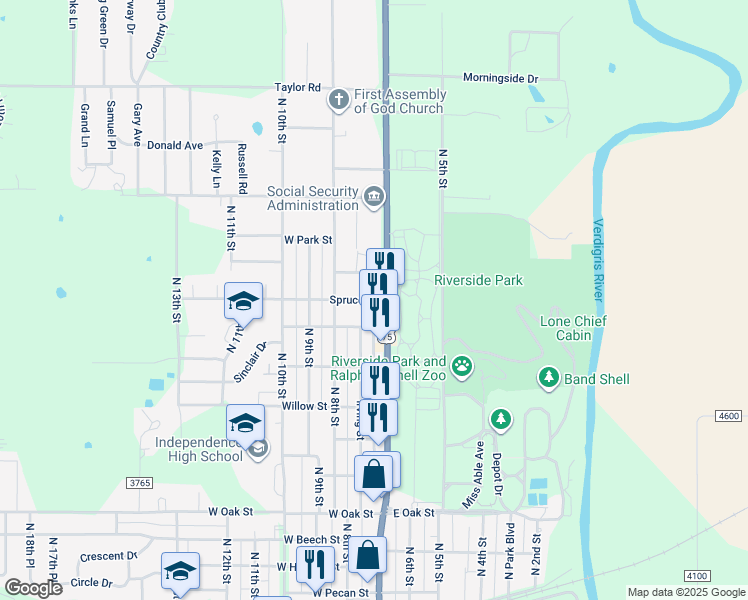 map of restaurants, bars, coffee shops, grocery stores, and more near 127 Spruce Street in Independence