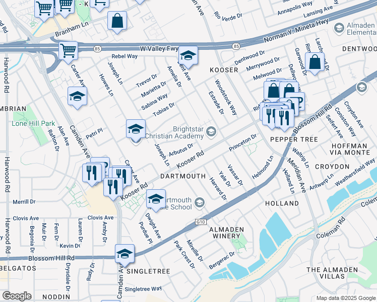 map of restaurants, bars, coffee shops, grocery stores, and more near 1534 Arbutus Drive in San Jose