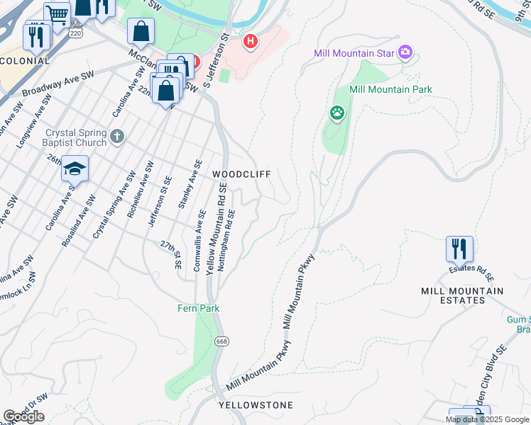map of restaurants, bars, coffee shops, grocery stores, and more near 2412 Robin Hood Road Southeast in Roanoke