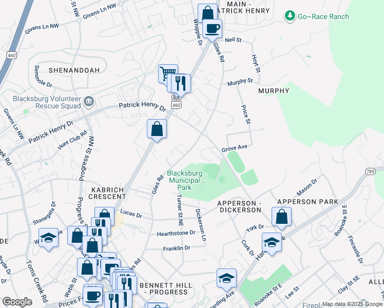 map of restaurants, bars, coffee shops, grocery stores, and more near 916 Giles Road in Blacksburg