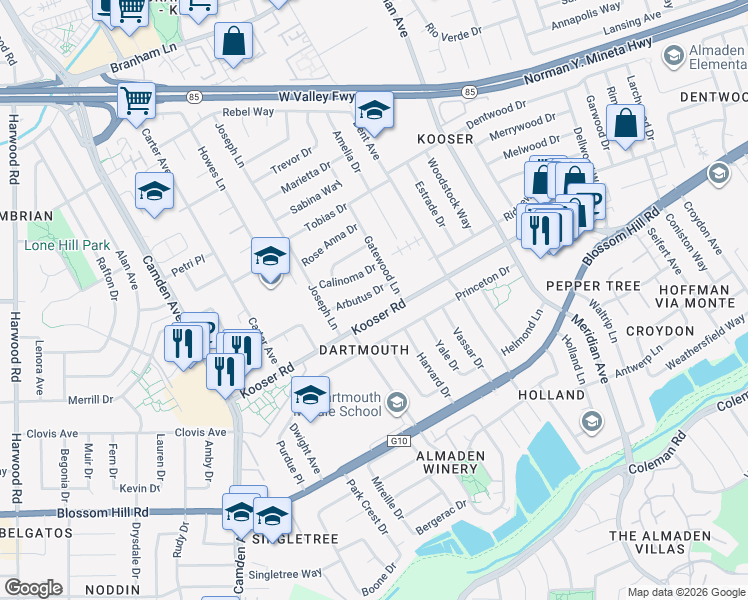 map of restaurants, bars, coffee shops, grocery stores, and more near 1534 Arbutus Drive in San Jose