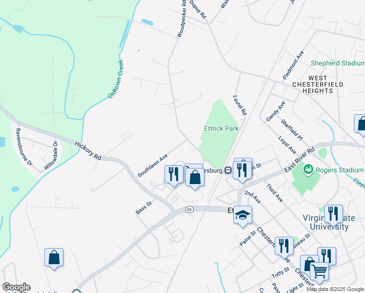 map of restaurants, bars, coffee shops, grocery stores, and more near 20509 Southlawn Avenue in Petersburg