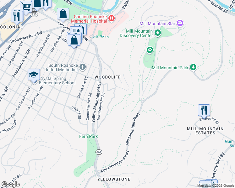 map of restaurants, bars, coffee shops, grocery stores, and more near 2412 Robin Hood Road Southeast in Roanoke