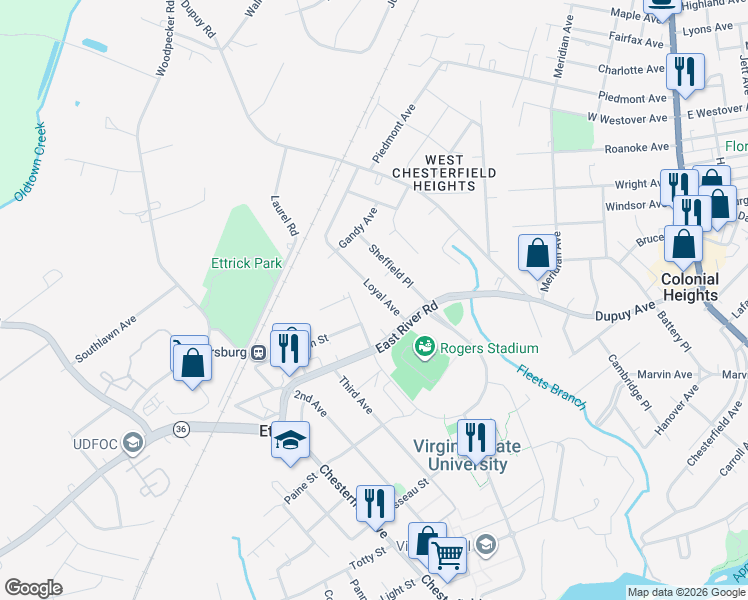 map of restaurants, bars, coffee shops, grocery stores, and more near 20404 Loyal Avenue in Ettrick