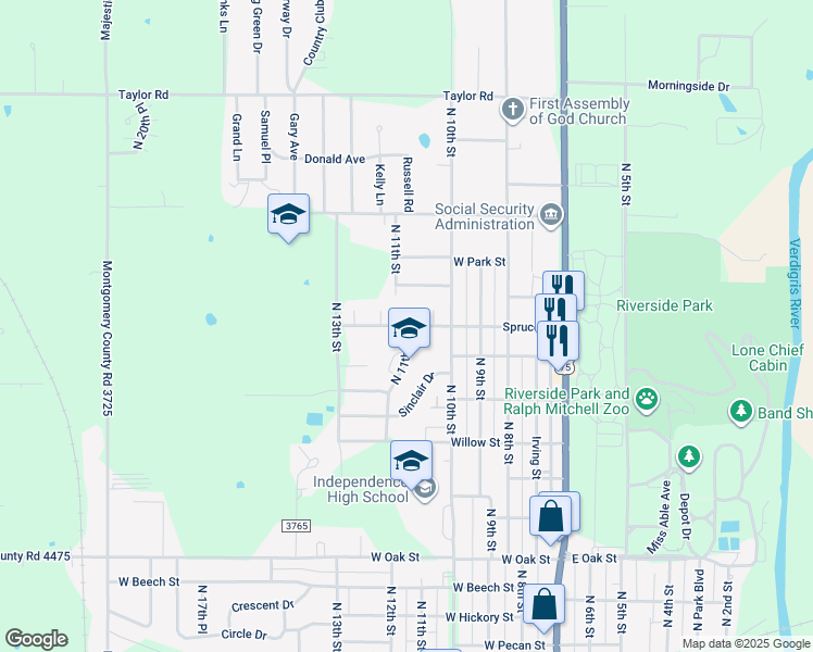 map of restaurants, bars, coffee shops, grocery stores, and more near 501 Spruce Street in Independence