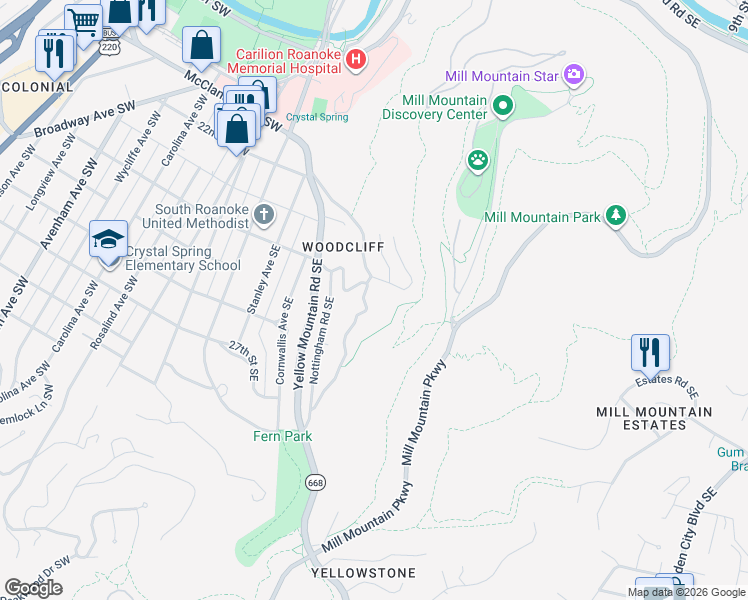 map of restaurants, bars, coffee shops, grocery stores, and more near 2412 Robin Hood Road Southeast in Roanoke