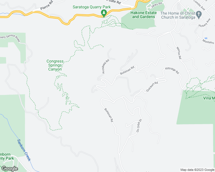 map of restaurants, bars, coffee shops, grocery stores, and more near 15499 Bohlman Road in Saratoga