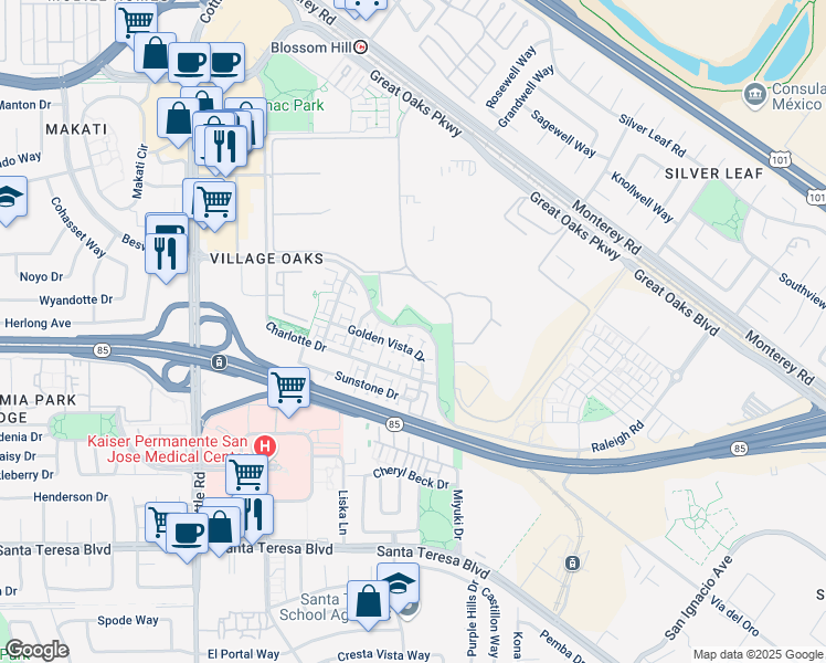 map of restaurants, bars, coffee shops, grocery stores, and more near 6047 Raleigh Road in San Jose