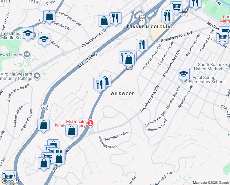 map of restaurants, bars, coffee shops, grocery stores, and more near 845 Orchard Rd SW in Roanoke
