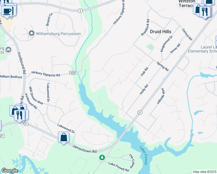 map of restaurants, bars, coffee shops, grocery stores, and more near 125 W Kingswood Dr in Williamsburg