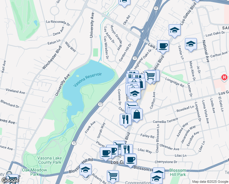 map of restaurants, bars, coffee shops, grocery stores, and more near 15443 Corinne Drive in Los Gatos