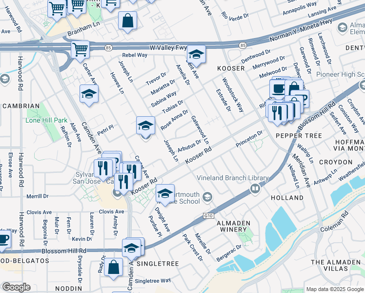 map of restaurants, bars, coffee shops, grocery stores, and more near 1543 Arbutus Drive in San Jose