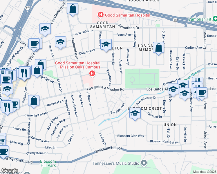 map of restaurants, bars, coffee shops, grocery stores, and more near 5193 Redstone Drive in San Jose