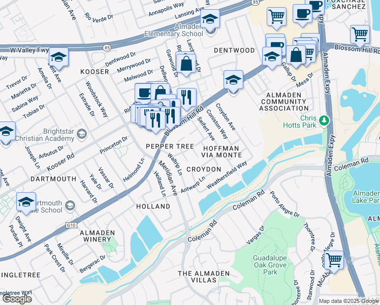 map of restaurants, bars, coffee shops, grocery stores, and more near 5676 Hollyleaf Lane in San Jose