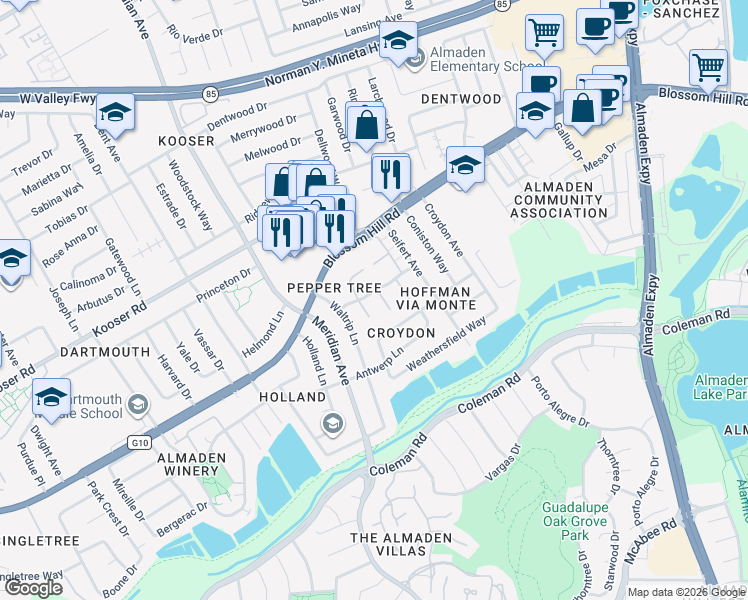 map of restaurants, bars, coffee shops, grocery stores, and more near 5655 Sunflower Lane in San Jose