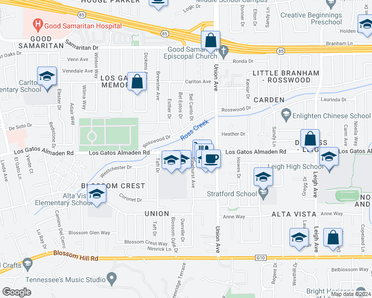 map of restaurants, bars, coffee shops, grocery stores, and more near 5196 Oxbow Court in San Jose