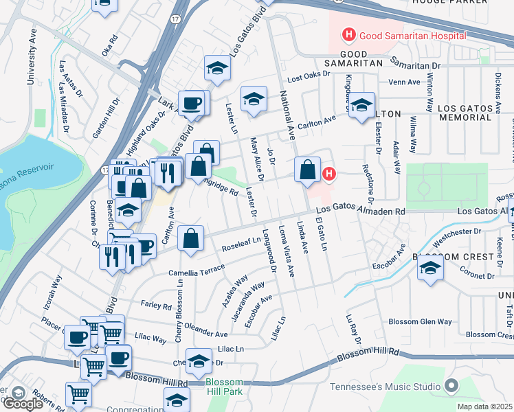 map of restaurants, bars, coffee shops, grocery stores, and more near 120 Lester Lane in Los Gatos