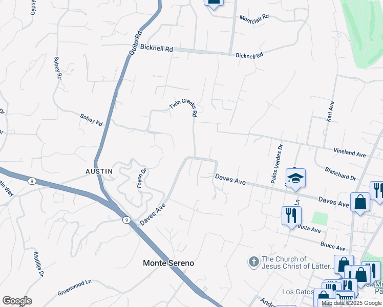 map of restaurants, bars, coffee shops, grocery stores, and more near 15495 Vía Caballero in Monte Sereno