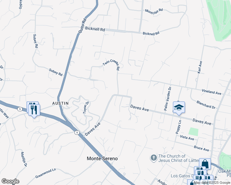 map of restaurants, bars, coffee shops, grocery stores, and more near 15495 Vía Caballero in Monte Sereno