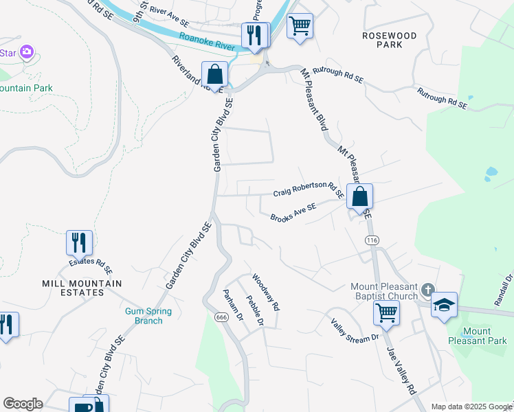 map of restaurants, bars, coffee shops, grocery stores, and more near 1363 Brooks Avenue Southeast in Roanoke