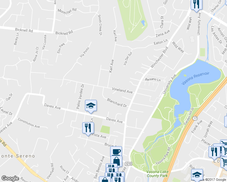map of restaurants, bars, coffee shops, grocery stores, and more near 17636 Vineland Court in Monte Sereno