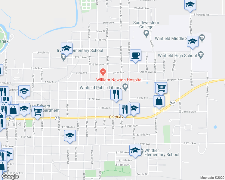 map of restaurants, bars, coffee shops, grocery stores, and more near Gary St & E 6th Ave in Winfield
