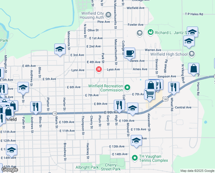map of restaurants, bars, coffee shops, grocery stores, and more near Gary St & E 6th Ave in Winfield