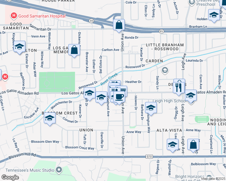 map of restaurants, bars, coffee shops, grocery stores, and more near 2029 Los Gatos Almaden Road in San Jose