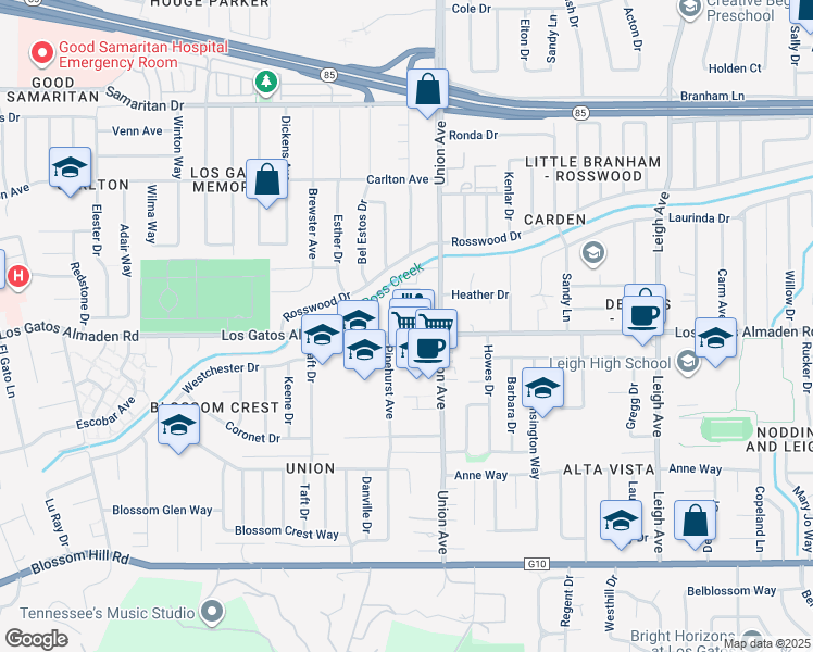 map of restaurants, bars, coffee shops, grocery stores, and more near 2029 Los Gatos Almaden Road in San Jose