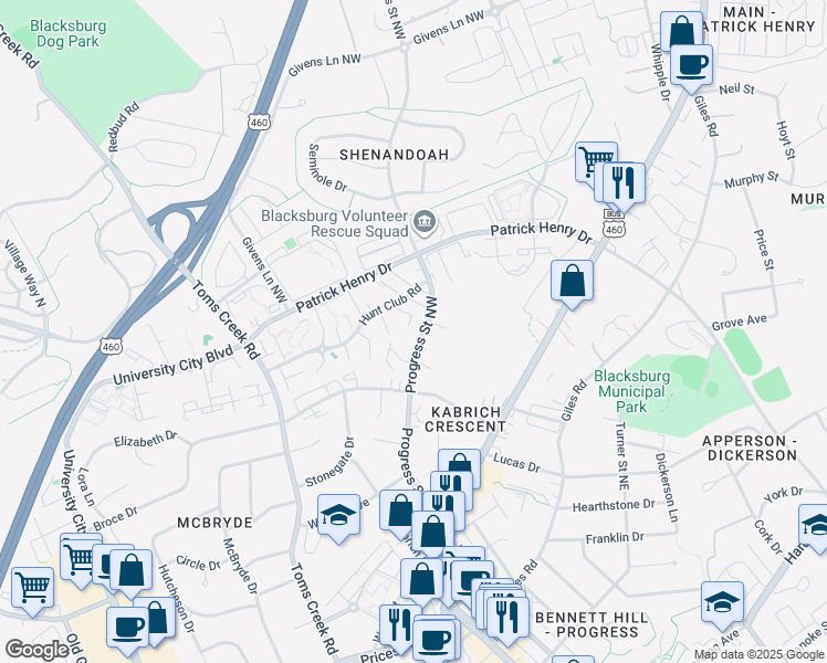 map of restaurants, bars, coffee shops, grocery stores, and more near 311 Hunt Club Road in Blacksburg